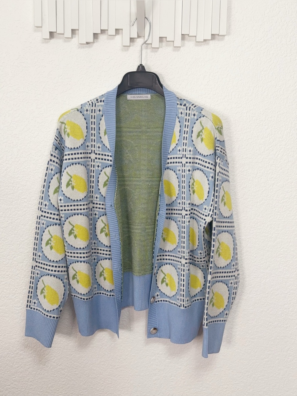 Miss Sparkling Lemon Print Cardigan Blue Button Front Knit Sweater Cottagecore